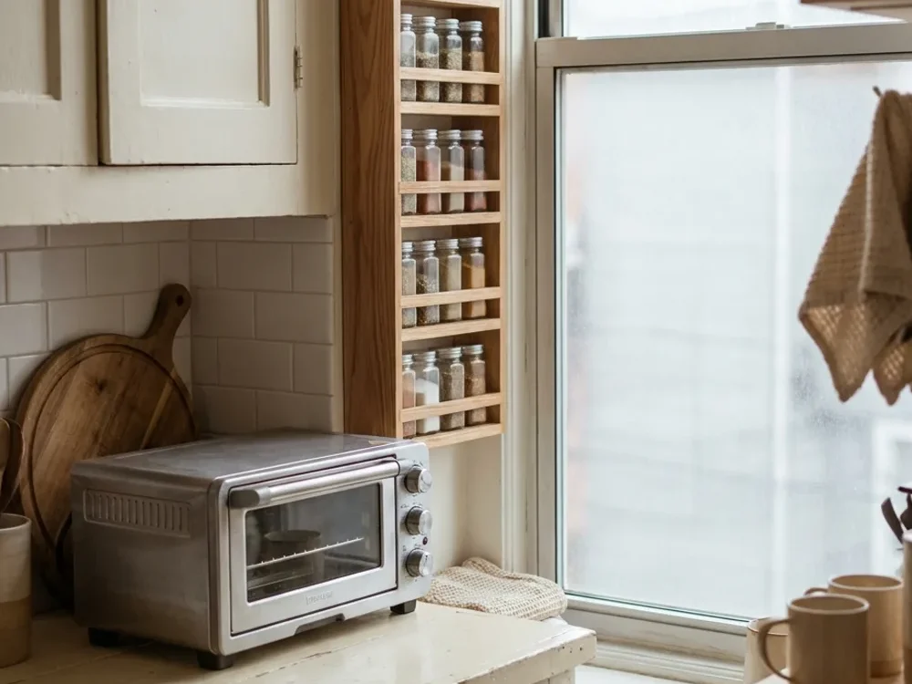 Encimera de una cocina pequeña con especias en un estante vertical