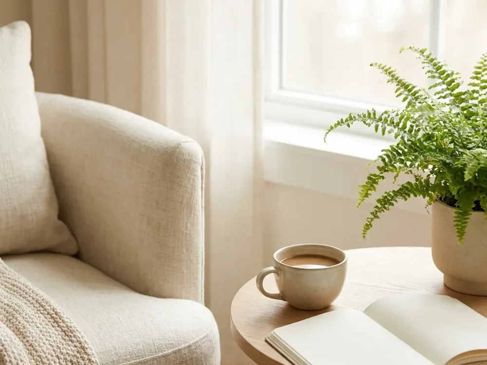 Rincón con un cuaderno abierto, una taza y una planta